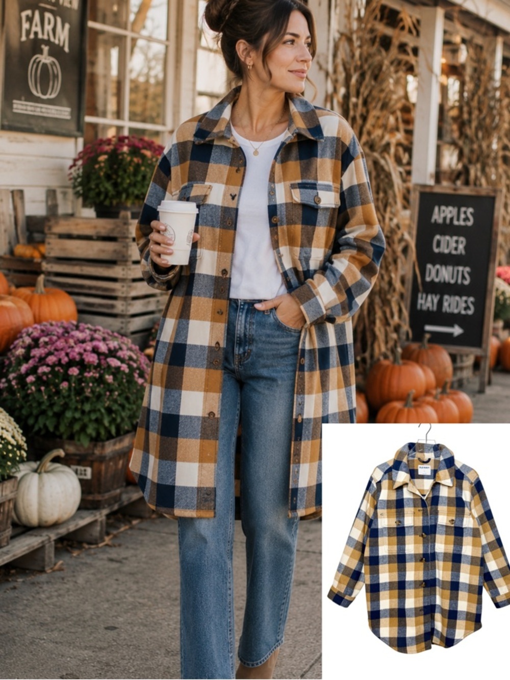Old Navy Buffalo Plaid Shacket Jacket Mustard Blue Flannel Overshirt Sz L